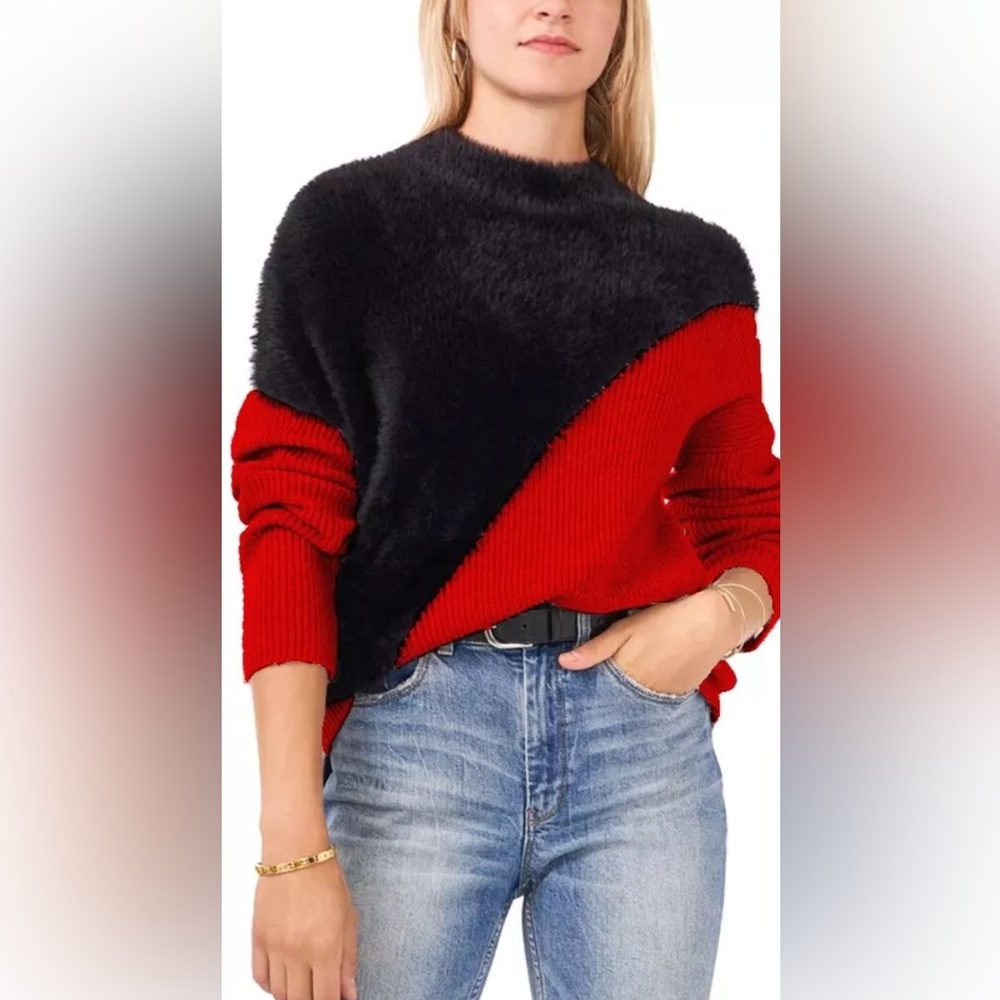 Vince Camaro black faux fur and red sweater